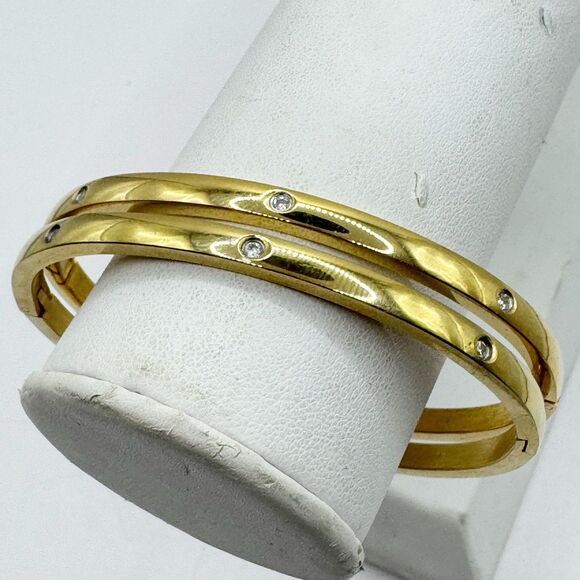 2 Gold Tone Bangle Bracelets With Rhinestone Details Stainless Steel Hinged - Picture 12 of 13